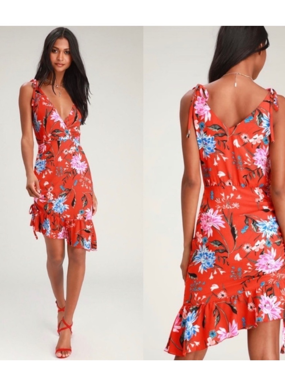 Ali and Jay Spicy Mami Red Floral Print Asymmetrical Midi Dress